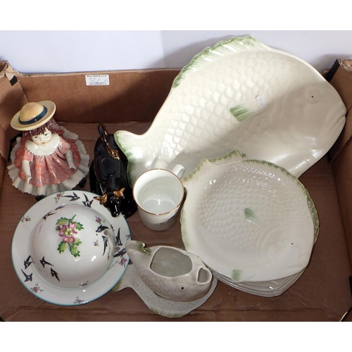 32 - Two boxes of misc ceramics to include Shorter fish plates various cups & saucers, 