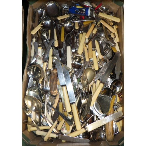 112 - Three boxes of various plated cutlery, napkin rings etc (3)