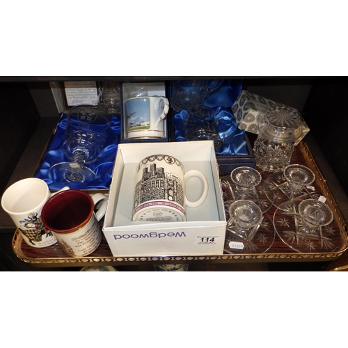 114 - York Minster etched goblet together with further commemorative mugs, glass candlesticks, Harrods pla... 