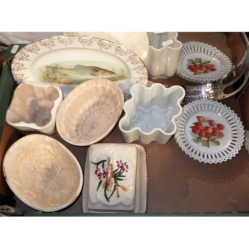 102 - Various Jelly moulds together with further ceramics, silver plated tray and a warming pan