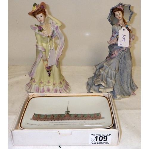 109 - Two Wedgwood Shirley Curzon figurines together with a small Royal Copenhagen tray (3)