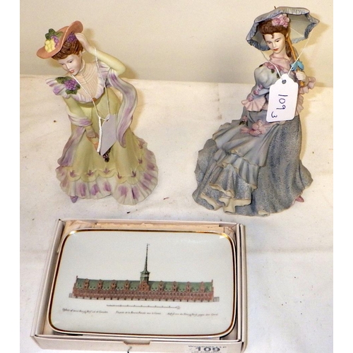 109 - Two Wedgwood Shirley Curzon figurines together with a small Royal Copenhagen tray (3)