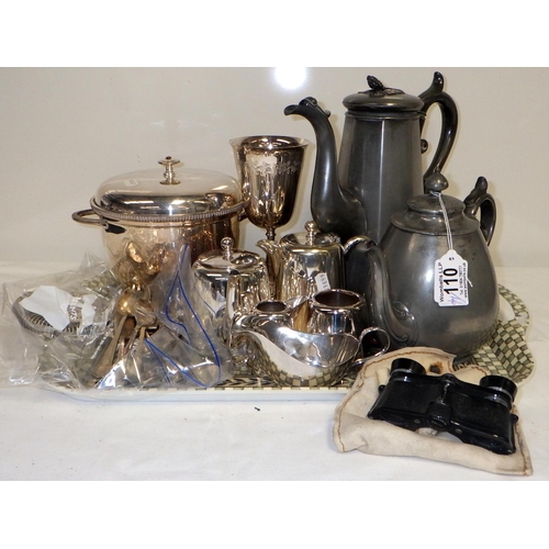 110 - A group of misc silver plate, pewter tea pots, Opera glasses etc