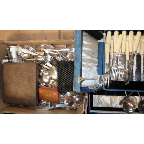 135 - Three boxes of misc sliver plate to include Trays, tea set, cutlery, walking stick etc (3)