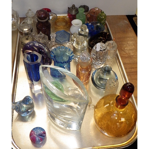 207 - Two trays of various glass perfume bottles, vase, paperweight, various miniature tea cups & saucers ... 