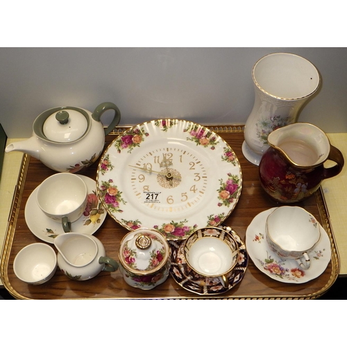 217 - A Royal Albert wall clock together with Wedgwood tea ware, Crown Derby Imari  tea cup & saucer (flea... 