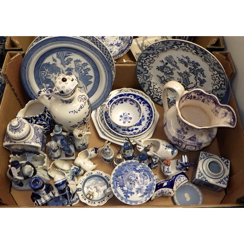 219 - Three boxes of various blue & white ceramics to include Oriental plates, Lidded jar (lid AF) etc (3)