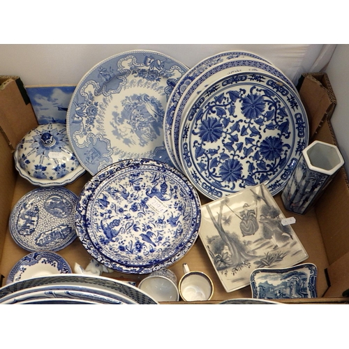 219 - Three boxes of various blue & white ceramics to include Oriental plates, Lidded jar (lid AF) etc (3)