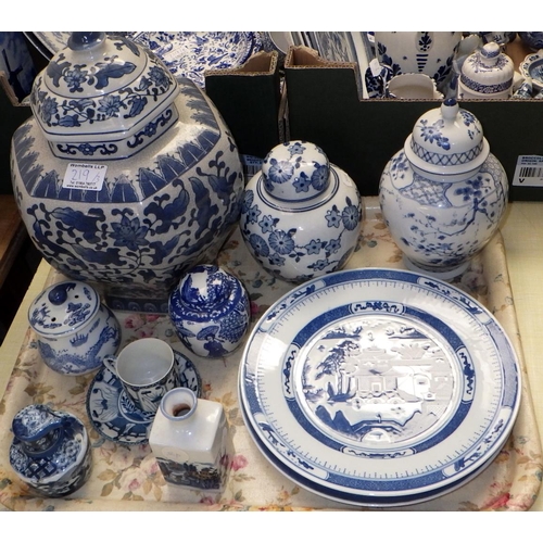 219 - Three boxes of various blue & white ceramics to include Oriental plates, Lidded jar (lid AF) etc (3)