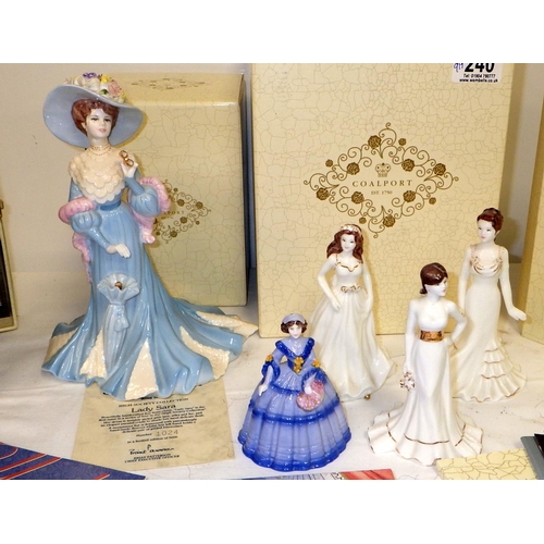 240 - A Coalport Lady Sara figure with box together with Four smaller Coalport figures one box, Collectors... 