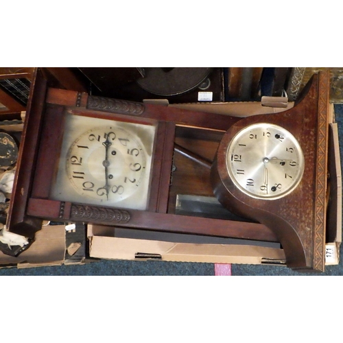 171 - Radios, Two clocks together with a brass coal box & various skulls AF (qty)