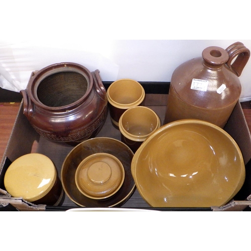 177 - Two boxes of misc to include stoneware flagons, Gresley T.G GREEN kitchen jars etc (2)