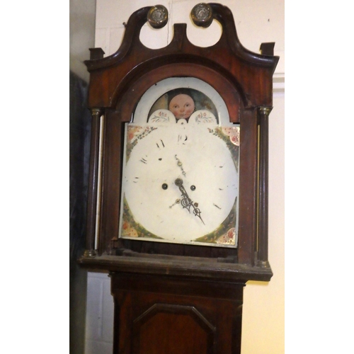 937 - An oak longcase clock with 8 day movement and moon roller, (a/f)