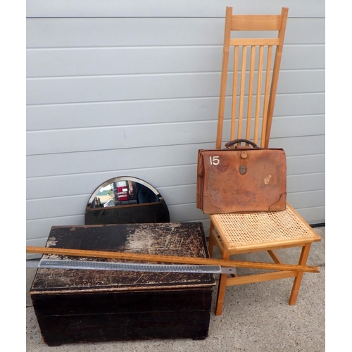 946 - A high back chair, circular mirror, box, rulers etc