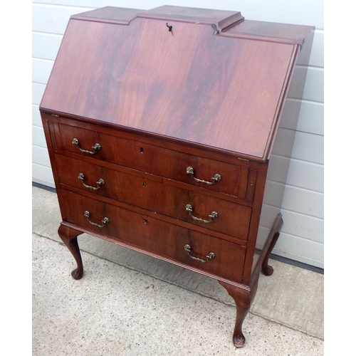 948 - An Edwardian mahogany bureau on cabriole legs 80cm wide, some veneer loss, with label Wylie & Lockhe... 