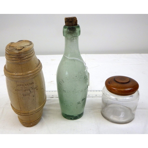 25 - Dressers Gingerade York bottle together with York Glass Company jar and a John Bacon spirit merchant... 