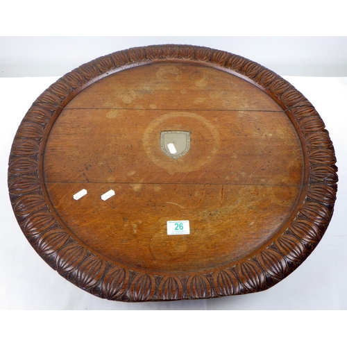 26 - An oak lazy Susan inscribed Bell metal & wood of York Minster. Burnt May20 1840 af 64cm diameter, Fr... 