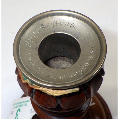 3 - A small pair of candlesticks, inscribed Oak & bell metal of York Minster. Burnt May20 1840 14cm tall... 