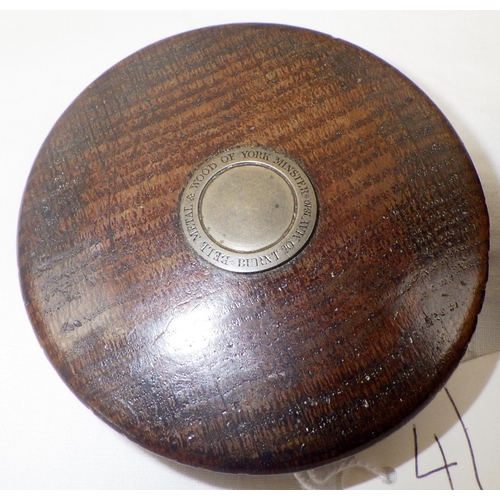 4 - Two turned circular boxes one inscribed Bell metal & wood of York Minster. Burnt May20 1840 af (2), ... 