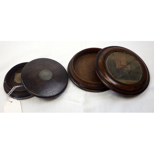 4 - Two turned circular boxes one inscribed Bell metal & wood of York Minster. Burnt May20 1840 af (2), ... 