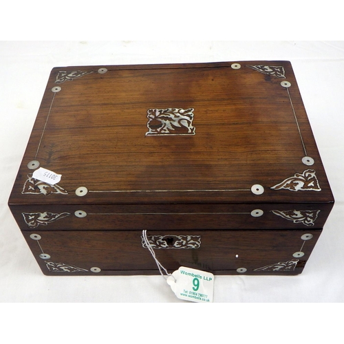 9 - A Victorian rosewood mother of pearl inlaid sewing box af 26cm wide, From the collection of the late... 