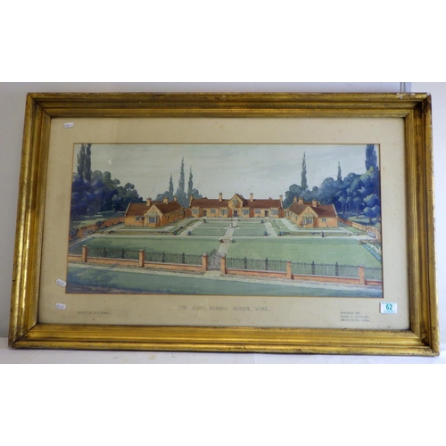 62 - The John Burrill Homes, York, architectural prospect watercolour drawn by O H Bissell: 77 x 37cm. Pr... 