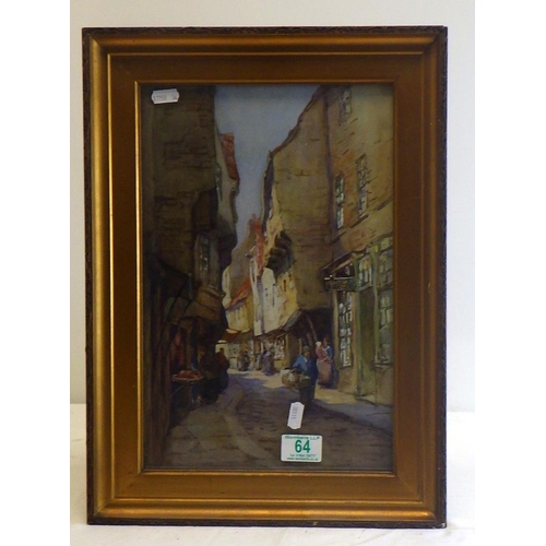 64 - Shambles, York, watercolour by an unknown artist, c1900: 23.5 x 36cm. Presented in a period gilt fra... 