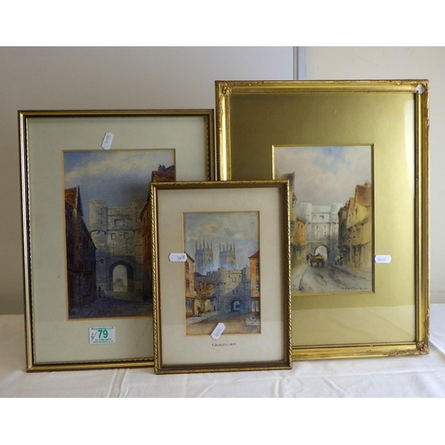 79 - Tom Dudley (1857-1935) Three framed watercolours  All Botham Bar (3): 11x18, 15x23 and 16x25cm. From... 