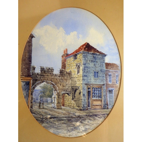 98 - Queen Margaret's Arch, Bootham, York, unsigned watercolour early 19th cent.  17 x 22cm oval presente... 