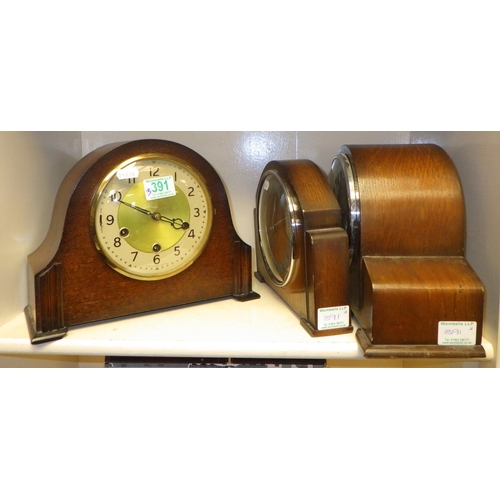 391 - Three oak cased mantle clocks