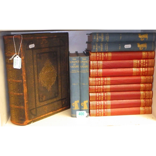 400 - A large leather bound Bible together with further books to include The Romance Of Nature