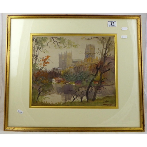 27 - A watercolour of Durham signed Hannaford 36 x 48cm, crack to frame