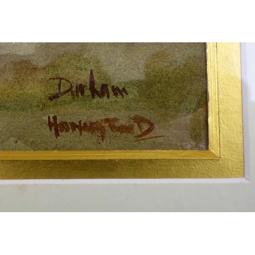 27 - A watercolour of Durham signed Hannaford 36 x 48cm, crack to frame