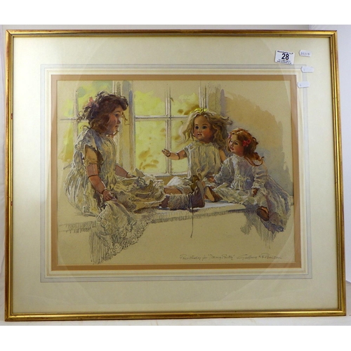 28 - A watercolour pre study of dolls on a window signed Geoffry H Robinson 67 x 58cm