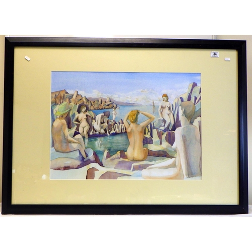 34 - A large Chris Deards 93 watercolour of ladies bathing by the sea 108 x 69cm
