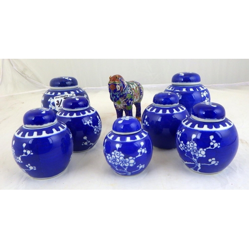 7 - Seven small oriental ginger jars together with a cliosonne horse 7 - 10cm tall (8)