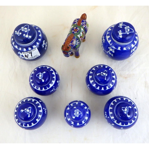 7 - Seven small oriental ginger jars together with a cliosonne horse 7 - 10cm tall (8)