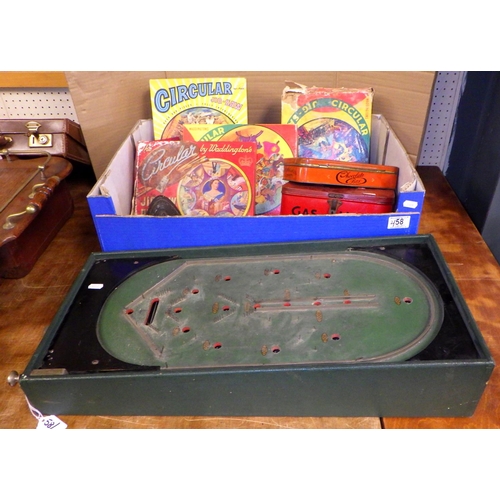 58 - A qty of vintage advertising tins, Jigsaws, table top bagatelle etc (2)