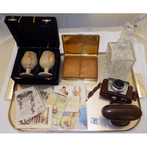 91 - A Prontormat camera together with cigarette box, decanter, marble goblets misc postcards