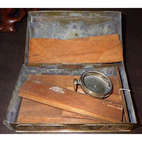 111 - Two carved Oriental figures together with a small metal box af (3)