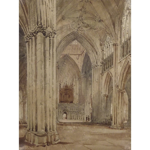 53 - John Louis Petit: a pair of York Minster interior views, watercolours.  24 x 33cm presented mounted ... 