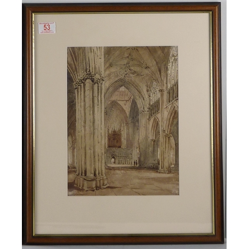 53 - John Louis Petit: a pair of York Minster interior views, watercolours.  24 x 33cm presented mounted ... 