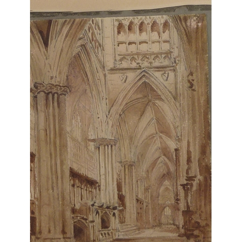 53 - John Louis Petit: a pair of York Minster interior views, watercolours.  24 x 33cm presented mounted ... 