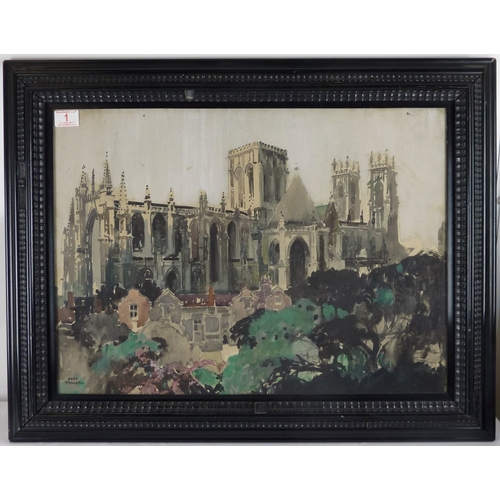 1 - Fred Taylor (1875 - 1963): York Minster across Grays Court from the city walls, mixed media on paper... 