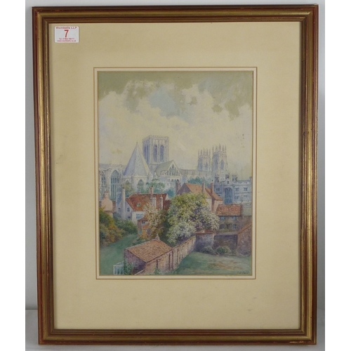 7 - George Fall: York Minster across Grays Court from the city walls, watercolour.  24 x 32cm presented ... 