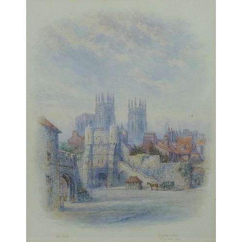 8 - George Fall: Bootham Bar and York Minster, watercolour.  19 x 24cm presented in a mount and gilt fra... 