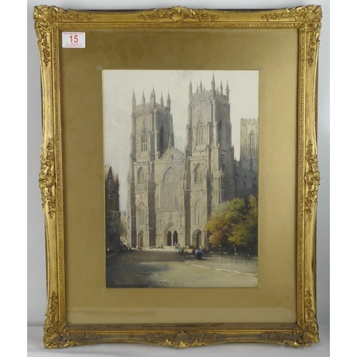 15 - Noel H Leaver: York Minster from Duncombe Place, watercolour signed lower left.  26 x 37cm presented... 