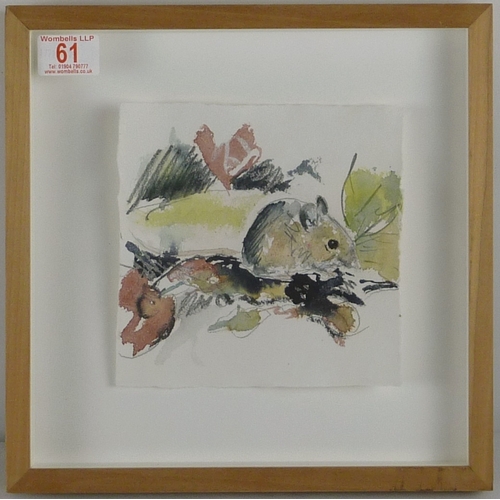 61 - A mouse in leaves, watercolour and pencil, unsigned.  18 x 18cm decal edge sheet on mount board in b... 