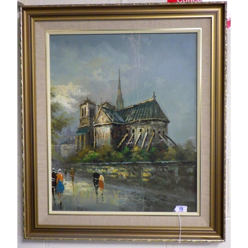 19 - French School 20thC Large oil on board Notre Dame, scratched 63.5 x 52cm