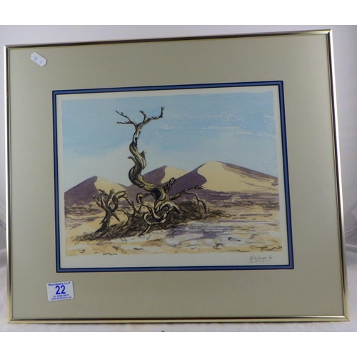 22 - M De Lange 86 pencil signed picture desert with dunes in the distance 26 x 32cm